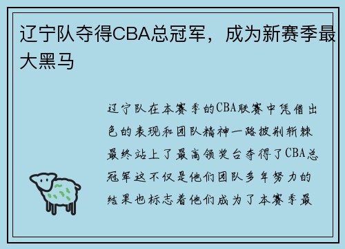 辽宁队夺得CBA总冠军，成为新赛季最大黑马